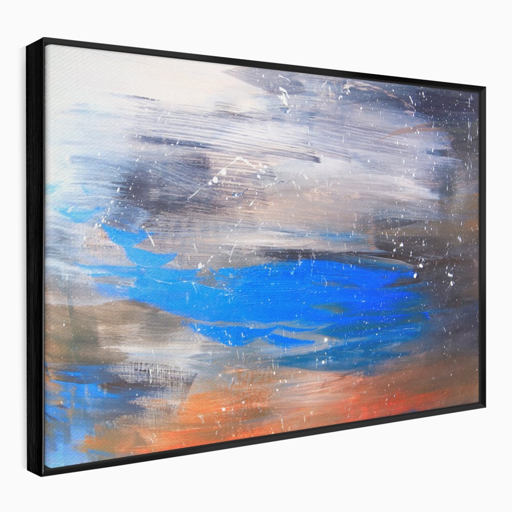 Tablou canvas cu pictura abstracta cu pete albastre, in rama de aluminiu negru